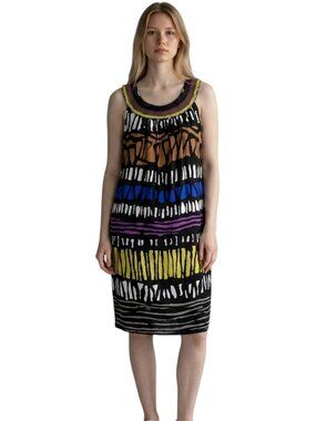 Madison Leigh Multicolor Tribal Print Beaded Neckline Shift Dress Size 8